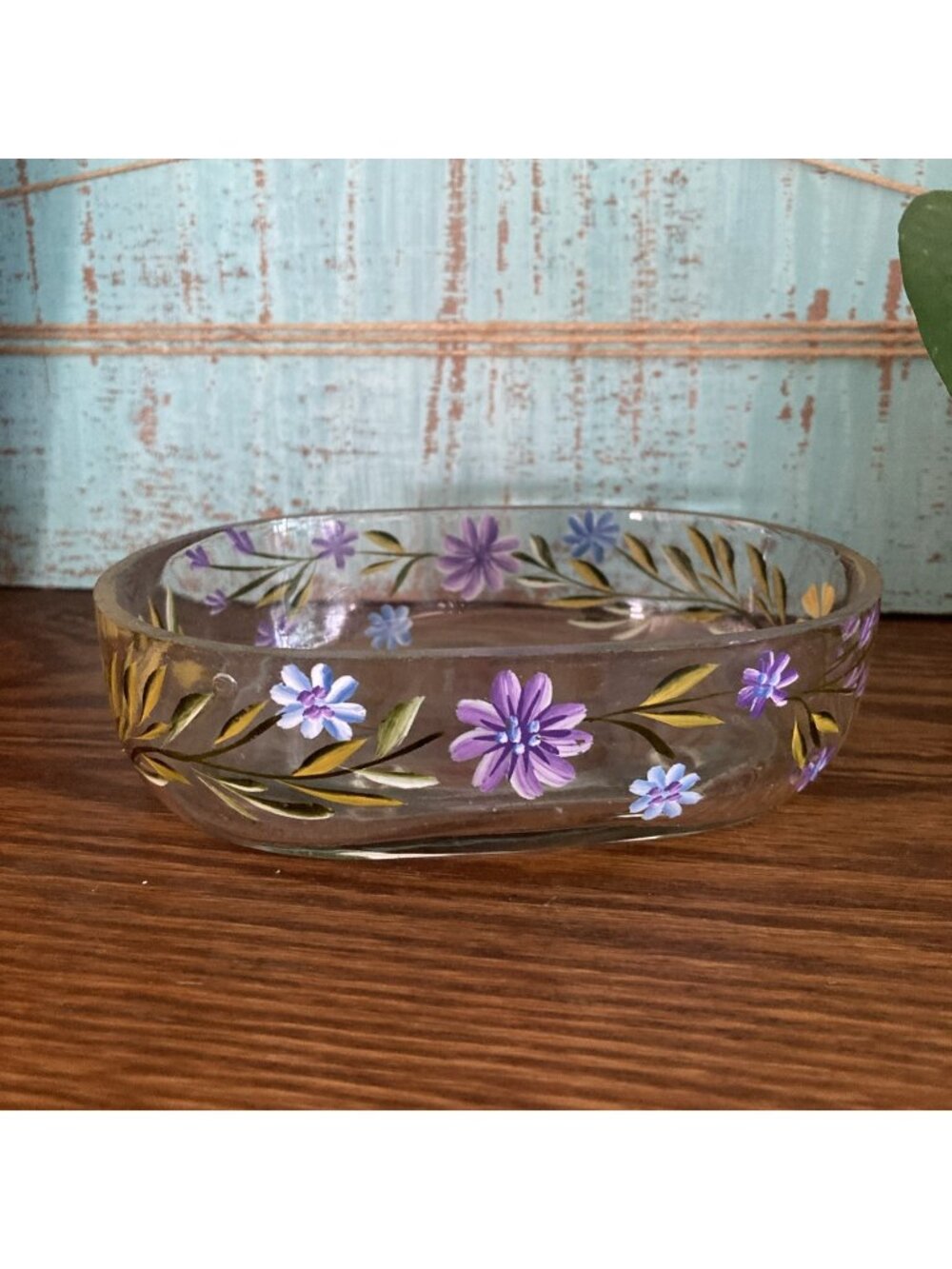 Hand Painted Glass Soap Dish Trinket Tray Spring Flowers Glass Daisies Footed
